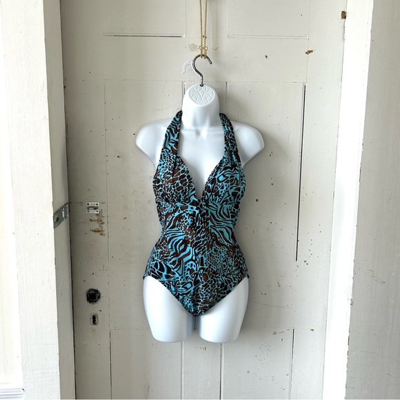 Leilani One Piece Animal Print Geometric Wood Beads Swim Suit - Picture 3 of 13